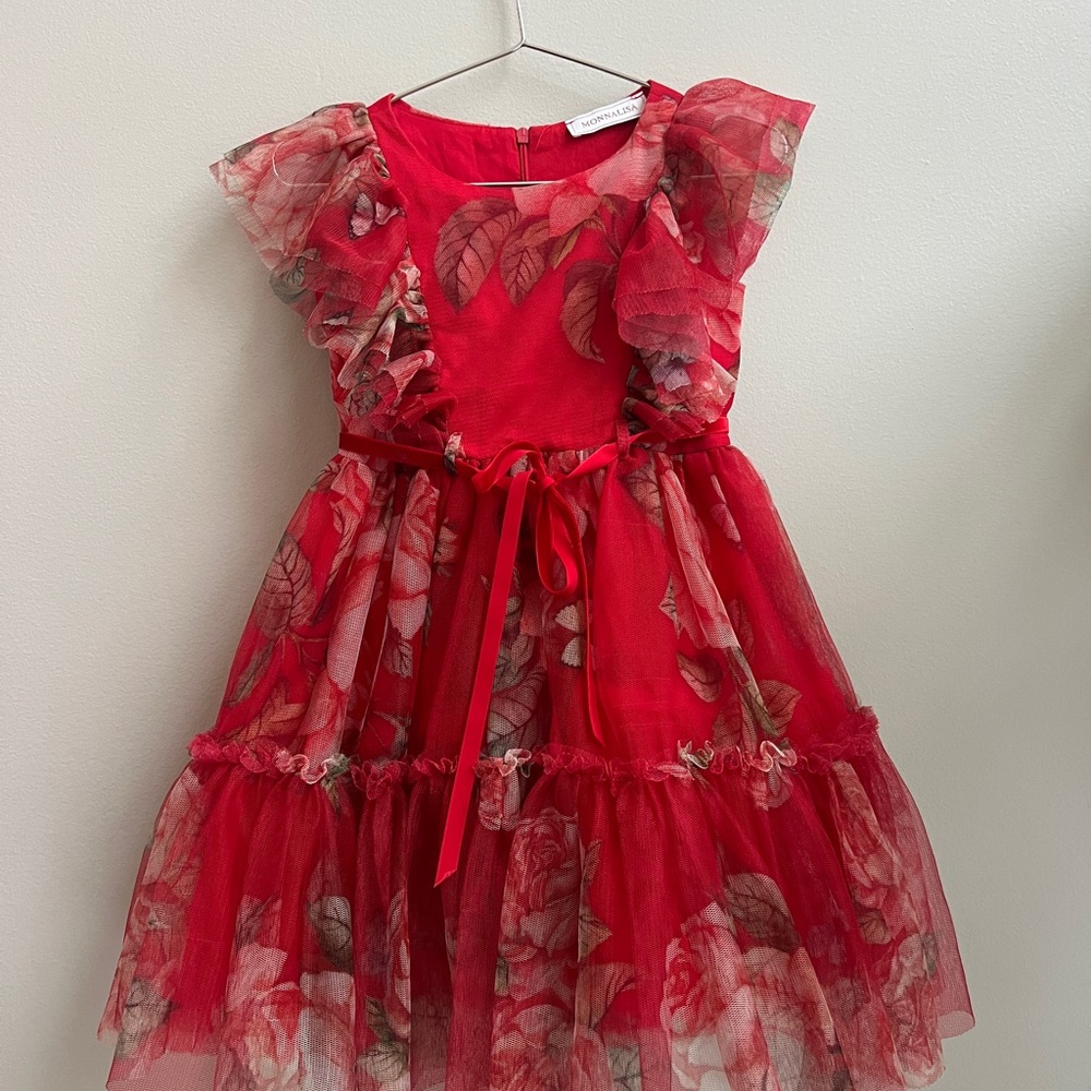 Monnalisa Red Floral Tulle Party Dress with Ruffle Sleeves